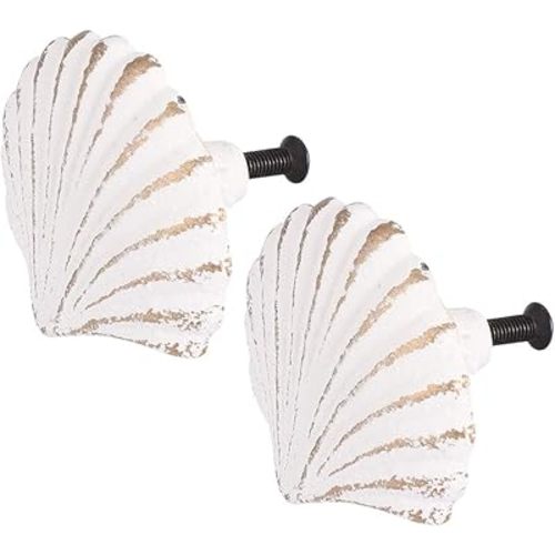 VOSAREA Iron White Seashell Drawer Knobs, 2PCS Nautical Handle for Kitchen Furniture Cabinet Wardrobe Cupboard (6.50X6.50X5.00cm/2.55X2.55X1.97in)