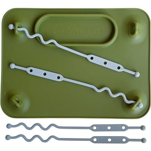 BUSY BABY Silicone Mat - Suction Cups, 4 Straps to Secure Baby Essentials, Self Feeding, Baby Led Weaning, Travel Sleeve Included (Olive)