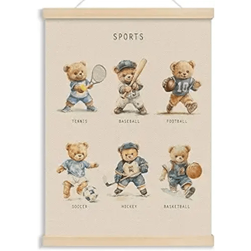MOTERMATE Bear Sports Poster Hanger Frame, Bear Nursery Wall Hanging Decor Art Framed for Toddlers Kids Boys Room Nursery Playroom, Sports Kids Wall Poster Prints, 12x16 Inch