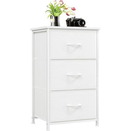 Somdot Small Dresser for Bedroom with 3 Drawers, Nightstand Storage Chest of Drawers with Removable Fabric Bins for Closet Bedside Living Room Laundry Entryway Hallway, White Leather