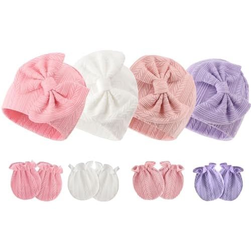 Newborn Baby Hats and Mittens Set Infant Bow Beanie Cap Toddler Gloves Newborn Hospital Hats for Baby Boy Girl 0-6 Months