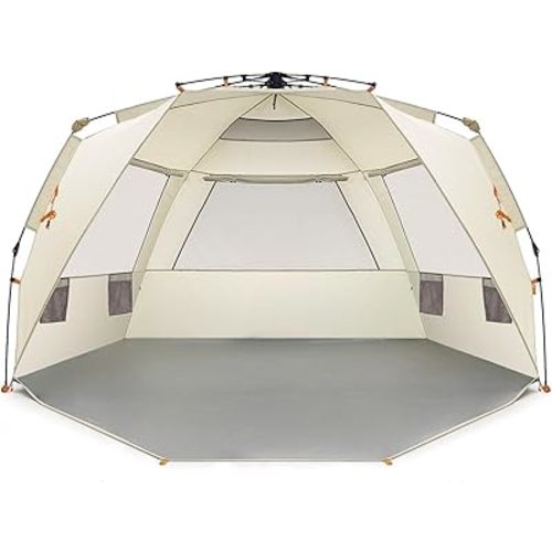 Easthills Outdoors Instant Shader Deluxe XL Beach Tent Easy Up 99" Wide for 4-6 Person Sun Shelter - Extended Zippered Porch Included Beige