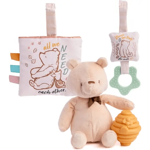 KIDS PREFERRED Classic Pooh 4 Piece Set with Pooh Stuffed Animal, Squeaker Toy, Crinkle Square, and Teether