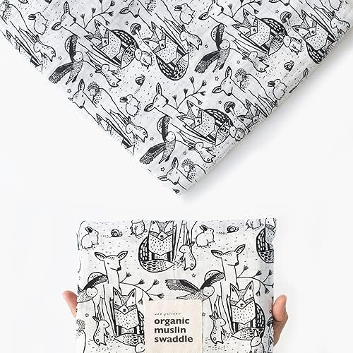 Wee Gallery, Organic Muslin Swaddle - Forest - Woodland Animals Design, Black and White for Baby Visual Development, Quality Cotton Swaddling or Receiving Blanket
