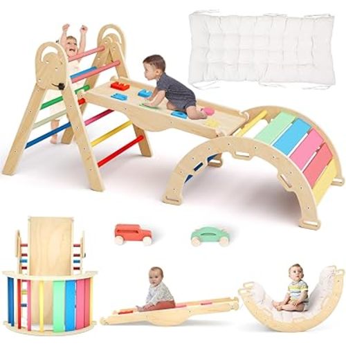 Pikler Triangle Set with Cushion, Montessori Climbing Set, Indoor Climbing Toys, Indoor Playground Jungle Gyms, 9 Combinations Climbing Toy Set for Toddler, Baby, Kids 1-4