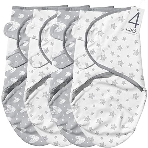 Biloban Baby Swaddles 0-3 Months for Boy & Girl, Cotton Swaddle Blanket, Newborn Essentials, Lovely Grey Print, 4 Pack