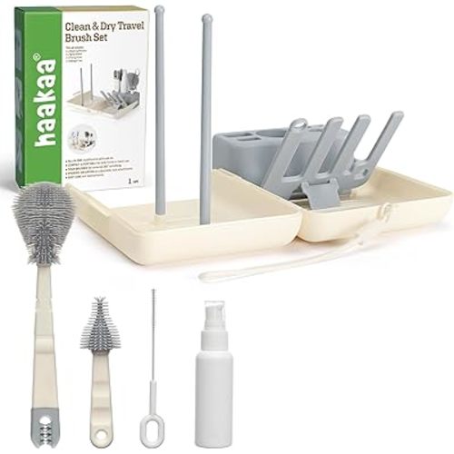 haakaa Travel Bottle Brush Set – 7-in-1 Baby Bottle Cleaner Kit with Bottle Brush, 360° Brush, Straw Brush, U-Shaped Brush, Spray Bottle&Drying Rack for Home and Travel