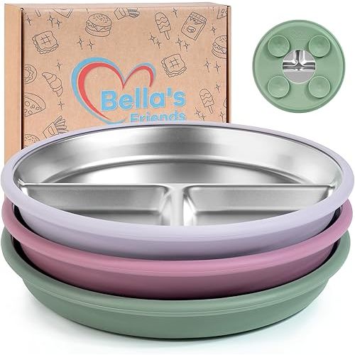 Bella's Friends Stainless Steel Kids Plates 8" Suction Plate for Baby,3 Packs Non-Toxic Divided Toddler Plates,Food-Grade Silicone Plate for Baby,Dishwasher Safe,purple,dark green,rose