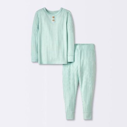 Toddler 2pc Solid Pointelle Snug Fit Pajama Set - Cloud Island™ Green 18m: Henley Neck, Jacquard Knit, Machine Washable
