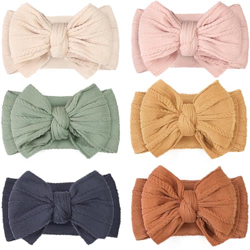 CÉLLOT 2024 Super Stretchy Soft Handmade Headbands with Double Bows Head Wrap Nylon Hair Accessories for Newborn Baby Girls Infant Toddlers Kids,Pack of 6(Spring)