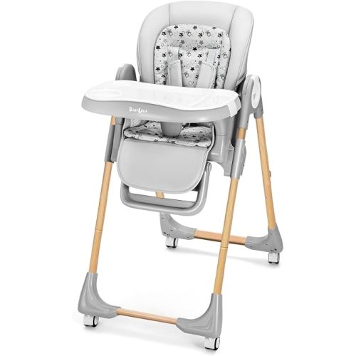 Foldable High Chair with Soft Cushion, High Chairs for Babies and Toddlers, Height Adjustable Feeding Chair, Adjustable Backrest and Footrest, Lockable Wheels, Woodgrain Star Gray