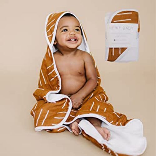 Mebie Baby Muslin Hooded Towel, Mustard Mudcloth, Cute Hooded Baby Bath Towel for Newborn, Infant & Toddler, Modern Baby Towels and Washcloths for Boy & Girl, Floral & Pattern Hooded Baby Towels
