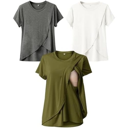 Rnxrbb Summer Nursing Tops for Breastfeeding T Shirts Short Sleeve Postpartum Clothes Sets 3 Pack Double Layer