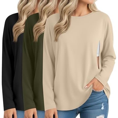 3 Pack Women's Nursing Breastfeeding Tops, Long Sleeve Maternity Shirts Oversize Hidden Zipper Pregnancy Clothes