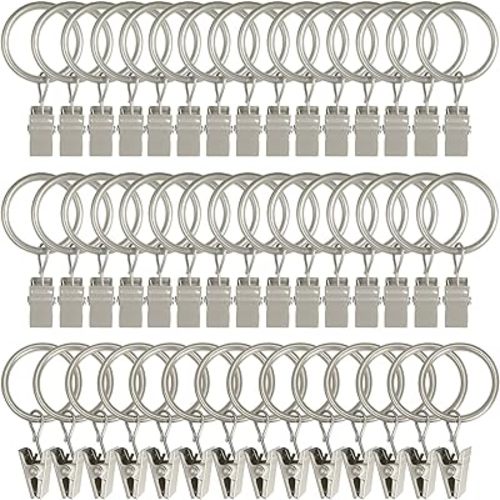 44 Pack Curtain Rings with Clips, Curtain Clip Rings Hooks, Bow Hanger Clips for Hanging Drapery Drapes Bows, Ring 1 inch Interior Diameter, Fits up to 5/8" Rod, Matte Silver