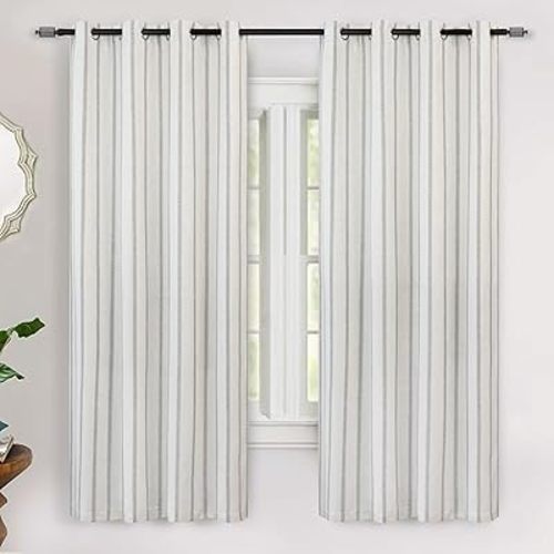 DriftAway Farmhouse Linen Blend Blackout Curtains 63 Inches Long for Bedroom Vertical Striped Printed Linen Curtains Thermal Insulated Lined Treatments for Living Room 2 Panels W52 x L63 Gray