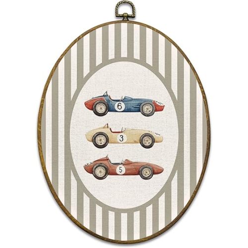 Vintage Race Car Wall Art Decor, Boys Room Framed Canvas Prints 8.6x11.4, Neutral Striped Classic Race Car Oval Wall Hanging Artwork Decorations for Kids Boy Nursery Toddler Bedroom Playroom