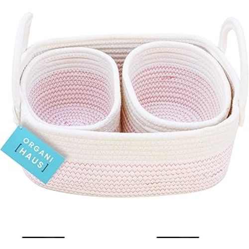 OrganiHaus Pink Baby Changing Basket, Nursery Storage Baskets for Shelves, Cotton Rope Basket w/Handles, Cloth Basket for Toys, Towel Basket Bins, Set of 3 Small Woven Basket for Storage