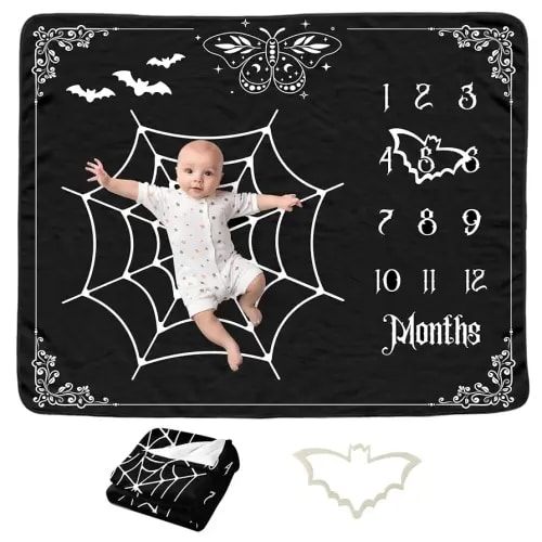 Gothic Baby Monthly Blanket for Boys, Goth Newborn Month Soft Flannel Photography Background Prop, Moth Bat Halloween Personalized Shower Gift