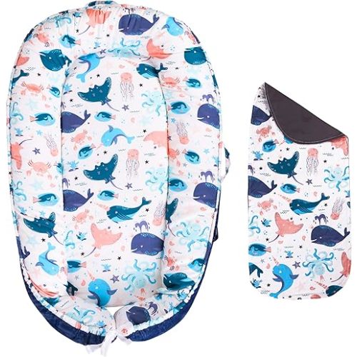 Baby Lounger - Infant & Newborn Lounger with 2-Inch Mattress Pad, Soft Baby Lounger Cover, Waterproof Urine Liner & Pad Cover - Available in 15 Patterns - BL12 Velvet Blue Sea Animals