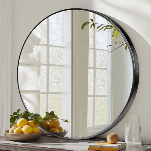 EDX 30" Wall Round Mirror with Crystal Clear Reflection, Convenient Hanging Hooks, and Premium Aluminum Alloy Construction, Black