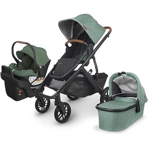 UPPAbaby Travel System, Includes Vista V2 Stroller + Aria Lightweight Car Seat Combo/Bassinet, Toddler Seat, Rain Shield, Storage Bag, Car Seat, Base + Infant Insert Included/Gwen (Green Mélange)