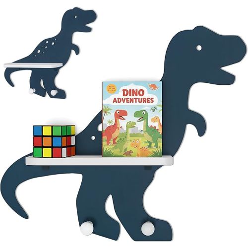 Parlor Boudoir Dinosaur Wall Shelf for Kids – Dinosaur Room Decor for Boys, 3 Styles Wooden Cute Dino Wall Decor with Hooks, Nursery & Toddler Boy's Room Display