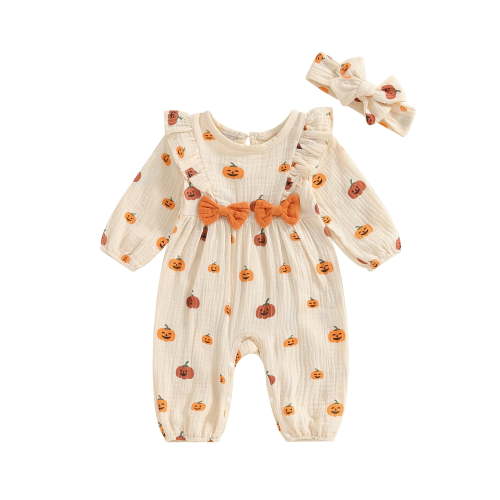Newborn Baby Girl 2Pcs Fall Outfits Ruffle Long Sleeve Pumpkin Print Jumpsuit with Headband Set Infant Halloween Clothes