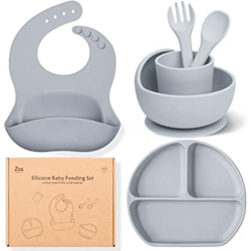 Silicone Baby Feeding Set - 6 Pack Baby Led Weaning Supplies for Infant & Toddlers 6+ Months, Baby Eating Supplies with Suction Bowl & Plate, Bib, Training cup, Spoon, Fork - Dishwasher Safe - Grey