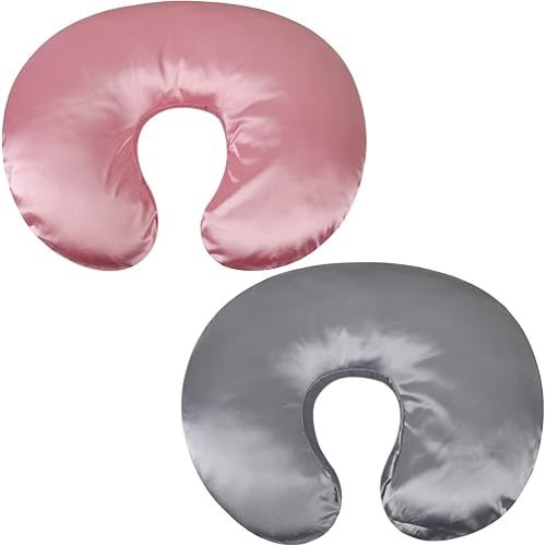 Satin Nursing Pillow Cover Set 2 Pack Ultra Soft Silk Compatible with Boppy Pillow for Breastfeeding Pillow Protect for Baby Hair and Skin Grey & Pink