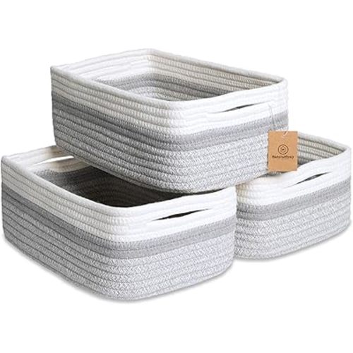 NaturalCozy 11.8"x8"x4.5” Storage Baskets for Shelves 3 Pack | Cotton Rope Woven Small Baskets for Organizing | Small Storage Bins for Nursery, Bathroom, Closet, Cube Shelf, Decorative, Gift Basket