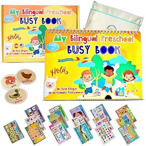 Busy Book for Toddlers 3 and Up – Preschool Learning Activities Bilingual Book in Spanish and English with 32 Activities – Educational Toddler Activity Book with 8 Color Markers