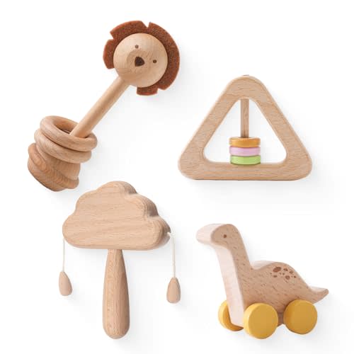 Wooden Baby Toys 4 Pcs Montessori Toys Set Wooden Rattles Grasping Toys Wood Ring,Pick-up Dinosaur Car Toy Set