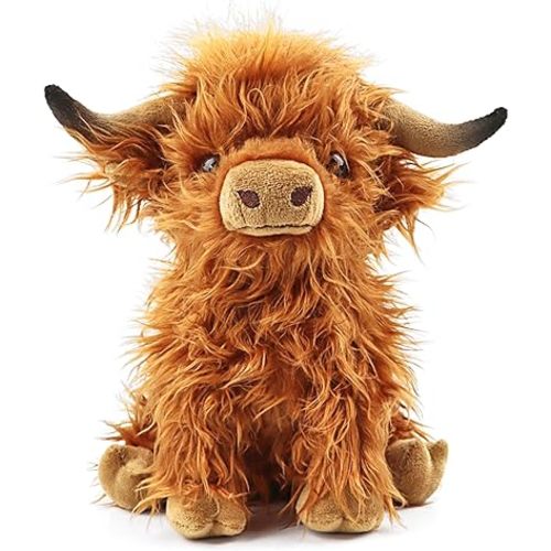 Highland Cow Stuffed Animal Realistic Scottish Cow Plush Toy Soft Farm Animal Cattle Plushie Doll Present for Adults Kids Boys Girls (Brown Cow, 10.8 Inch)