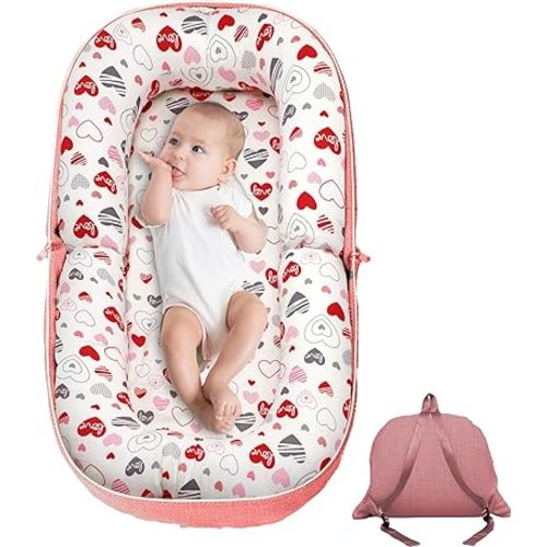 Baby Lounger, Foldable Infant Nest Pillow with Soft Memory Foam Mat, Cover with Adorable Pattern, Converts to Backpack for Easy Travel, 0-12 Months, White