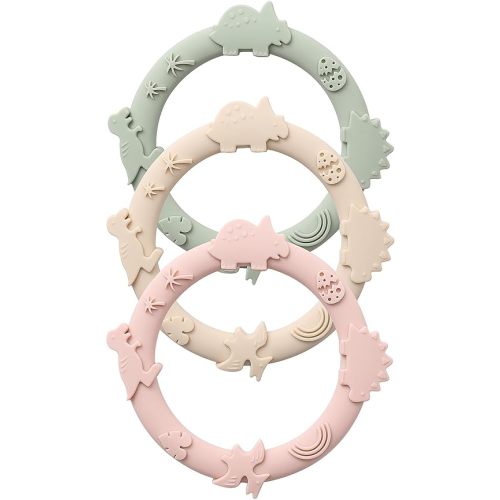 Silicone Teethers for Babies 0-6 6-12 Months Teething Toys for Infants Baby Chew Toys for Sucking Needs Baby Teething Rings for Infant Boys and Girls 3 Pack-Dinosaur-Blush