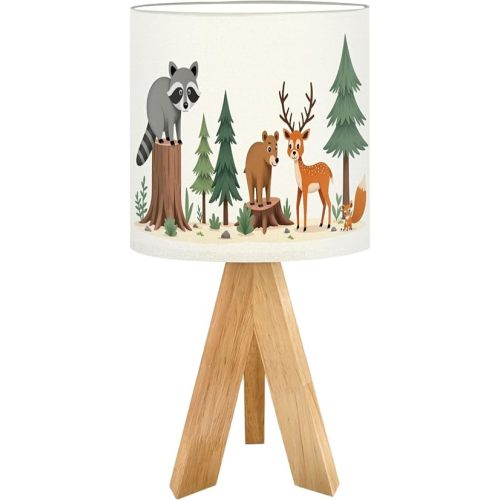 Tripod Bedside Desk Table Lamp Forest Animal Cute Raccoon Bear Deer Fox Pine Trees Cartoon Simplified Wood Nightstand Lamp with Linen Fabric Shade for Nursery Bedroom Living Room Kids Room