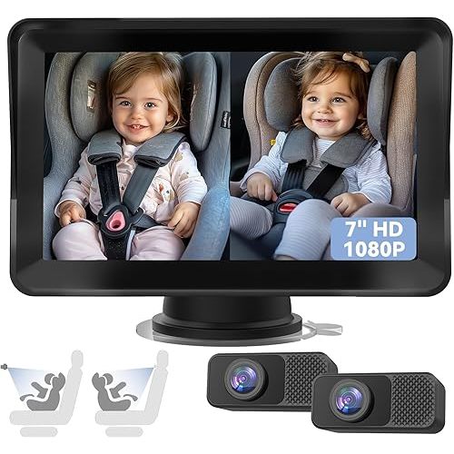 Baby Car Camera for 2 Kids, 7" 1080 FHD Dual Car Camera Baby Monitor with Split-Screen, IR Night Vision, 3X Zoom, Wide Angle, Anti-Glare, Easy Setup, Rear/Front Facing for Twins, Multi-Child
