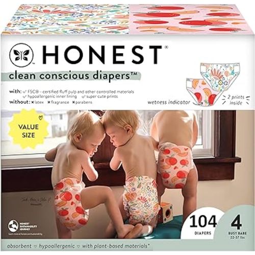 The Honest Company Clean Conscious Diapers for Sensitive Skin | Hypoallergenic, Fragrance Free | Girl Prints | Super Club Box, Size 4 (22-37 lbs), 104 Count