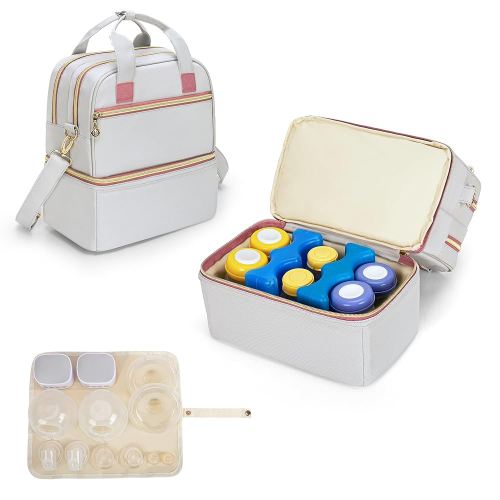 Damero Wearable Breast Pump Bag with Cooler Compartment Compatible with Elvie, Willow and Medela Electronic Pumps, Wearable Pump Tote with Waterproof Mat for Working Moms