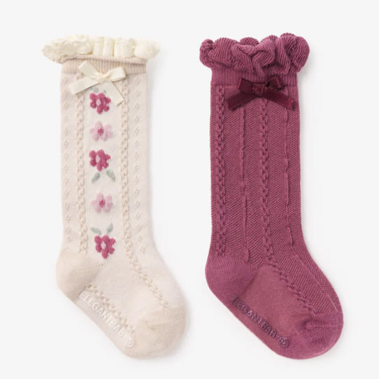 Dark Violet Floral Knee-High Non Slip Baby Socks 2 PK – Elegant Baby