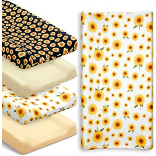 4 Pieces Muslin Sunflower Changing Pad Cover Diaper Fall Floral Change Table Sheets Thanksgiving Day Nursery Changing Pad Sheets Diaper Pad Cover for Baby Boys Girls, 31.5 x 15.75 Inches