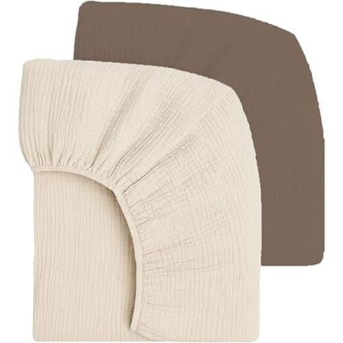 Mère & Moi: Muslin Fitted Crib Sheets: 2 Pack - Brown & Cream - 28x52", 100% Cotton, Oeko-TEX, Ultra-Soft & Breathable, Baby-Toddler Mattress Bedding