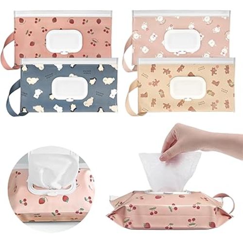 4 Pack Baby Wipes Dispenser [New Version-One Press Open],Portable Wipe Pouch,Refillable Wipe Holder, Baby Wipes Container Reusable Wet Wipes Bags Pouch for Travel (B)
