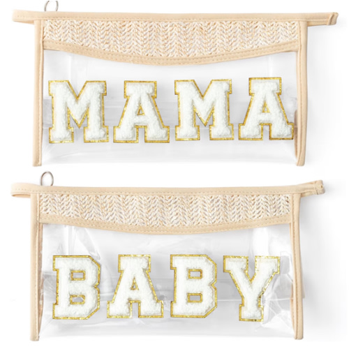Boho Patch Cosmetic Bag, Mother's Day MAMA BABY Chenille Varsity Letter Travel Toiletry Makeup Bag Summer Beige Clear Waterproof Makeup Pouch PVC Zipper Clutch Daily Use Purse for Mom Women