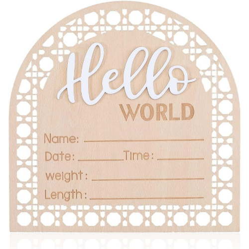 Baby Announcement Sign 5.5 Inch Wooden Baby Photo Props Hello World Welcome Newborn Sign Birth Announcement Name Plaques for Boys Photo Prop Shower Nursery Hospital