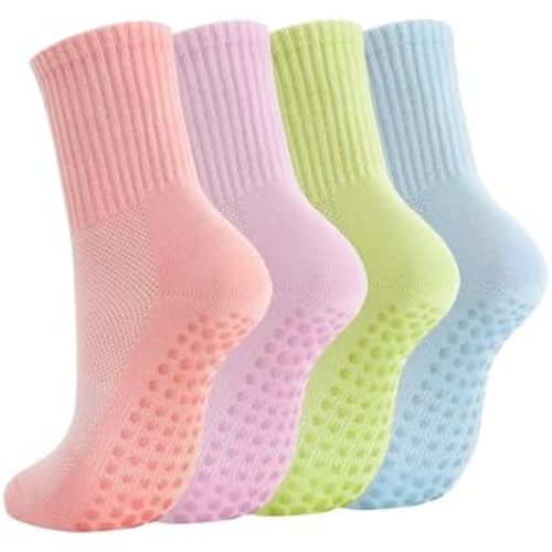 Breslatte Crew Pilates Socks with Grips for Women Non Slip Cotton Grip Socks for Yoga Hospital Barre Home Daily