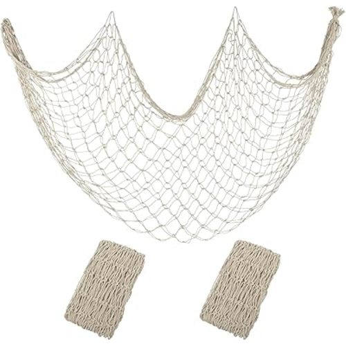 2 Pack Decorative Fishing Net, 80x40 Inch Large Beige Cotton Fish Net Decor for Wall, Photo Display, Nautical Mermaid Pirate Ocean Beach Hawaii Themed Under the Sea Party Decorations