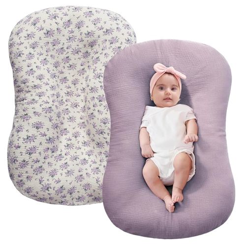 FUNUPUP Muslin Baby Lounger Cover Compatible with Snuggle Me Lounger, Infant Pillow Cover for Newborn, Removable Nest Slipcover for Boys and Girls, Only Cover, Purple&Purple Floral