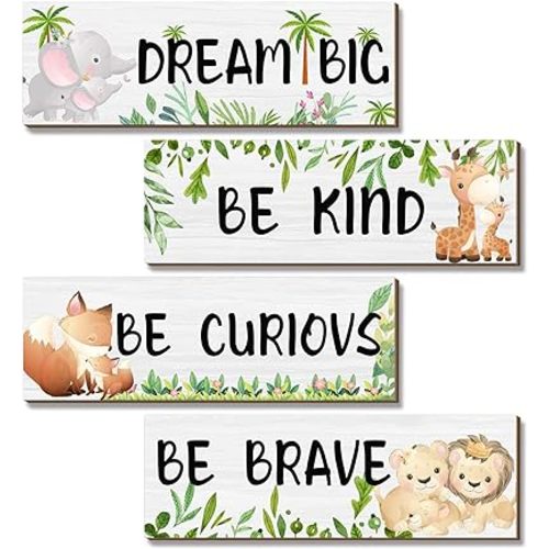 4 Pieces Woodland Animal Wall Art Room Decor, Motivational Quote Wood Cute Jungle Animal Decorations Wall Hanging Sign Prints Plaques for Kids Nursery Playroom Baby Boys Bedroom Toddler Room(Animal)